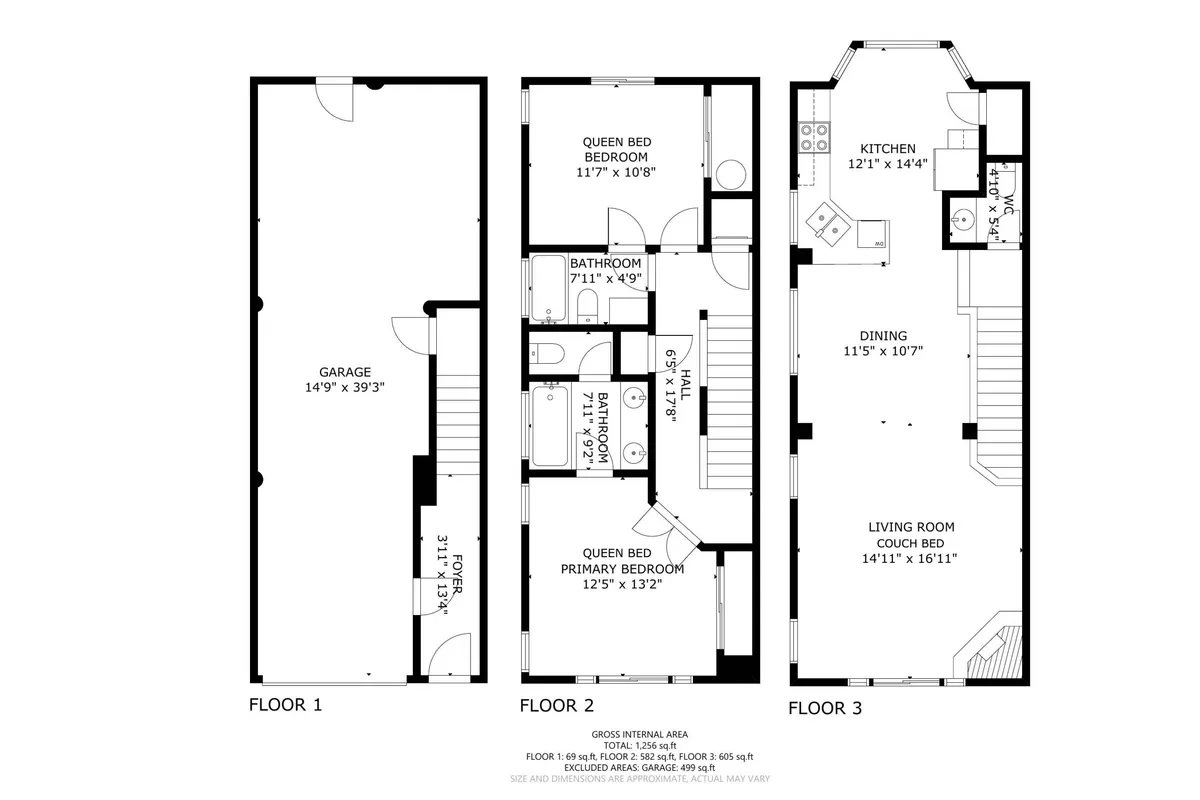 A wide-angle interior view including the garage, queen bed primary bedroom, kitchen, living room, and dining room. The space is designed for gathering, with an inviting, functional atmosphere that supports family meals and relaxing evenings after a day of exploring.